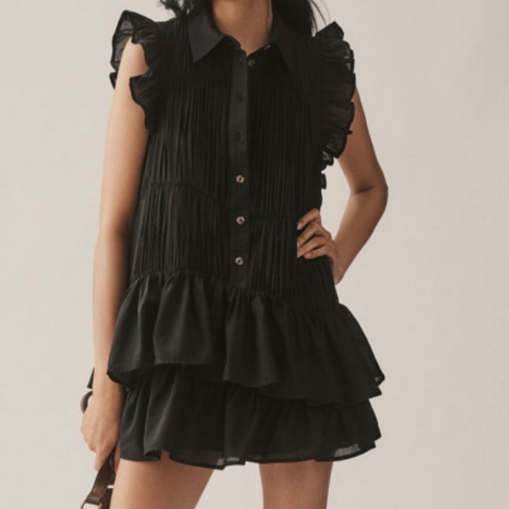 Anthropologie Sleeveless Ruffle Mini Shirt Dress Black Button Cotton Collar NWOT - Picture 13 of 13